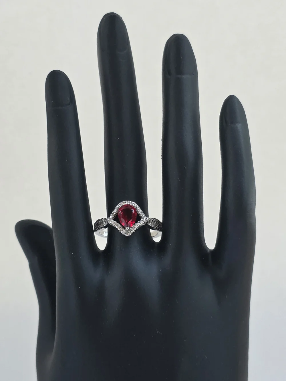 Sterling-Inspired Silver Ring with Pear-Shaped Red Gem and Pavé Halo